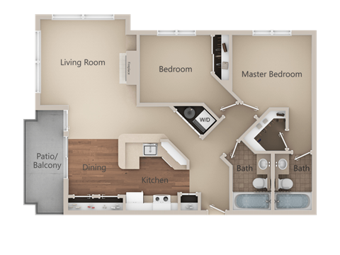 Floor plan for 2 beds, 2 baths, 996 sqft